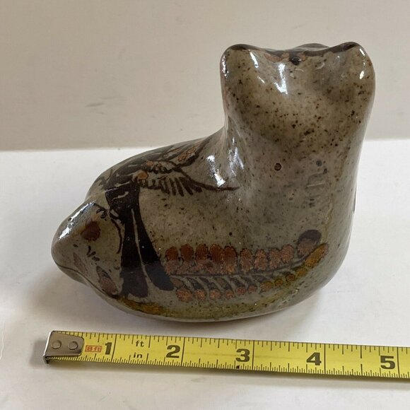 Unsigned Tonala Style Mexican Folk Art Pottery Bird Nature Design 5 inch Tan Cat - Picture 5 of 7